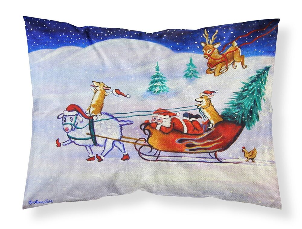 9660 7442PILLOWCASE Corgi Highhacked Santa Claus Sleigh Fabric Standard